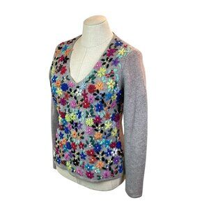 Talbots Gray Wool Floral Embroidered Womens Small Sweater